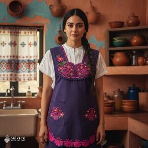 Magenta Mexican Embroidered Smock Apron – Floral Traditional Design